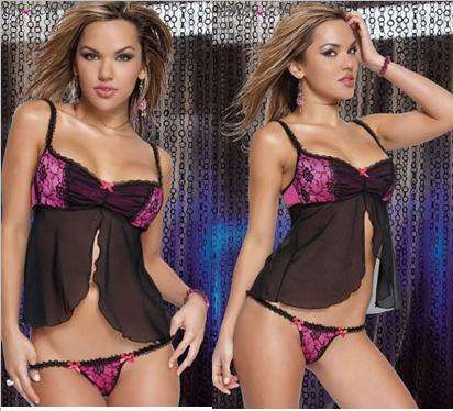 BEAUTIFUL PINK AND BLACK BABY DOLL WITH BLACK G-STRING SIZE M ONLY