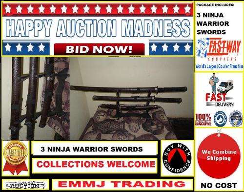 3 NINJA WARRIOR SWORDS ON STAND