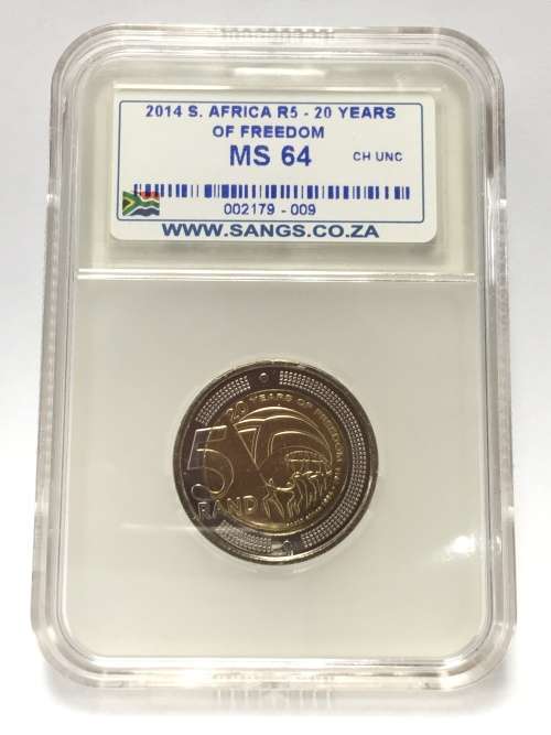 2014 South Africa R5 20 Years of Freedom MS64 SANGS Graded Uncirculated NEW