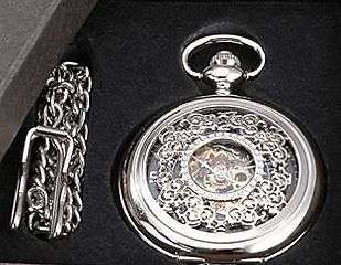 Silver Engraved Case Battery Pocket Watch Chain - NEW