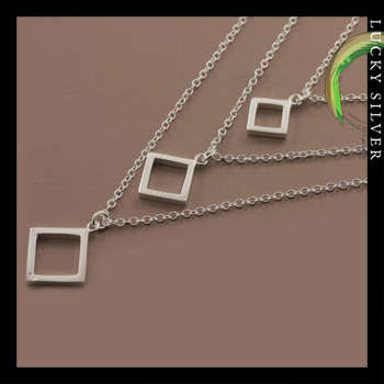 Silver Three Row Square Pendant Necklace