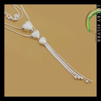 Silver Two Row Heart Pendant Necklace