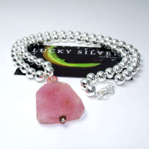Natural Stone Pendant & Hollow Ball Silver Necklace