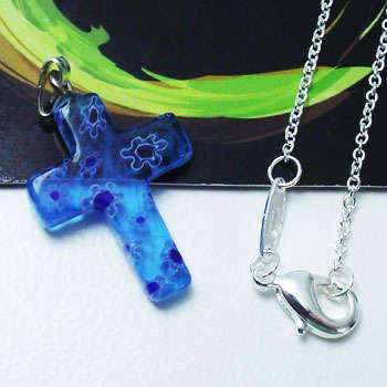 Millefiori Glass Cross and Silver Necklace