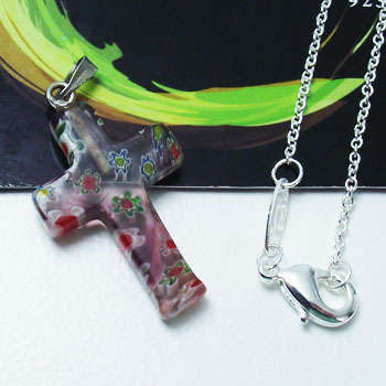 Millefiori Glass Cross and Silver Necklace