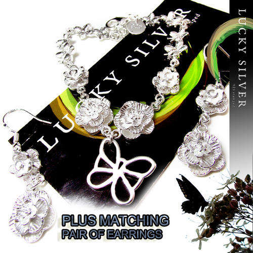 Silver Butterfly Bracelet & Earrings Jewellery Set