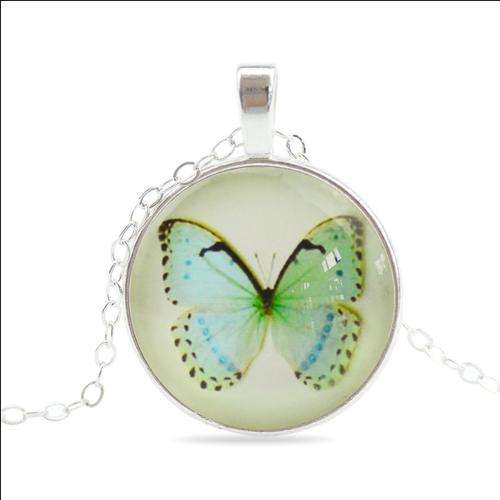 Glass Pendant Necklace on Silver Chain Tree of life or Butterfly Theme