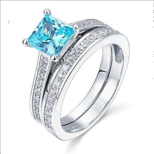 Wholesale 1.5 Ct Princess Cut Blue Created Diamond Solid 925 Sterling Silver 2-Pc Wedding ring set