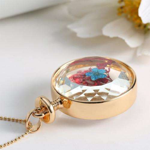 Glass Pendant with Vintage Dried flower Necklace | Rose Gold Chain