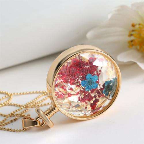 Glass Pendant with Vintage Dried flower Necklace | Rose Gold Chain