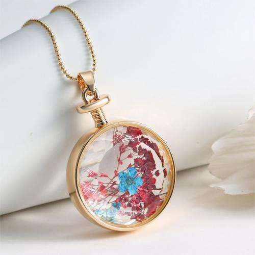 Glass Pendant with Vintage Dried flower Necklace | Rose Gold Chain