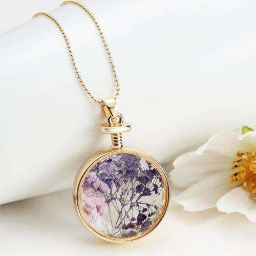Glass Pendant with Vintage Dried flower Necklace | Rose Gold Chain