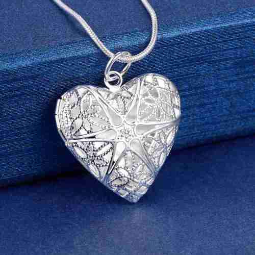 Silver Designer Locket Necklace - Heart Filigree detail