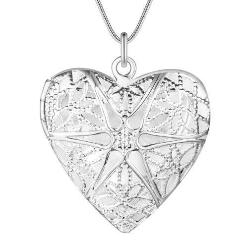 Silver Designer Locket Necklace - Heart Filigree detail