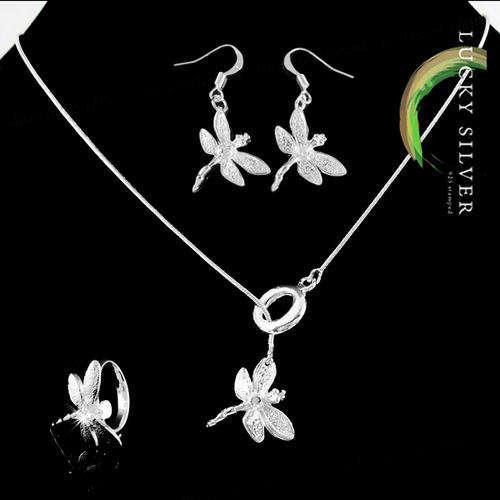 Silver Dragonfly Necklace, Earrings & Ring (7.5) Set (Ready to Ship)