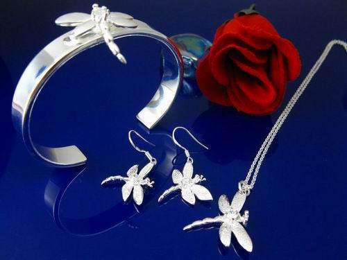 Feminine Silver DRAGONFLY Necklace, Earrings & Bangle Jewellery Set (Ready to Ship)