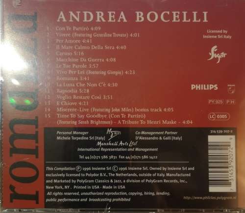 Andrea Bocelli - Romanza (CD) [New] 3145392072