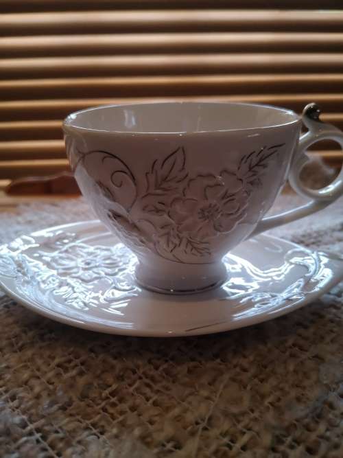 Highly Collectable Porcelain Teacup and Saucer with embossed detail and silver finishing