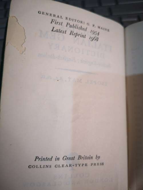 Collins Italian-English/English-Italian Dictionary - First Published 1954 Latest Reprint 1968