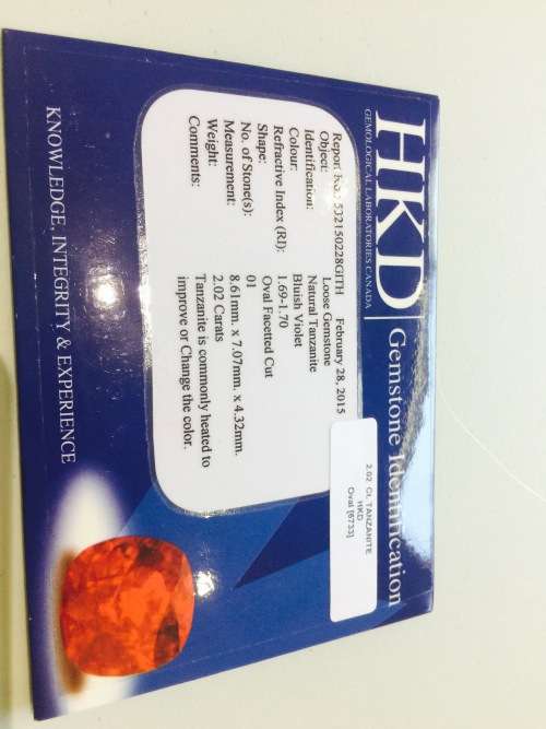 2.02 Ct AAA "HKD" CERTIFIED BLUISH VIOLET "D" BLOCK TANZANITE FREE CERTIFICATE!!