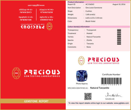 1.68ct ''PGTL'' Cert - REMARKABLE!!! 100% AAA Natural TANZANITE Bluish Violet ''FREE CERTIFICATE''