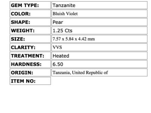 1.25 Ct AAA "HKD" CERTIFIED BLUISH VIOLET "D" BLOCK TANZANITE FREE CERTIFICATE!!