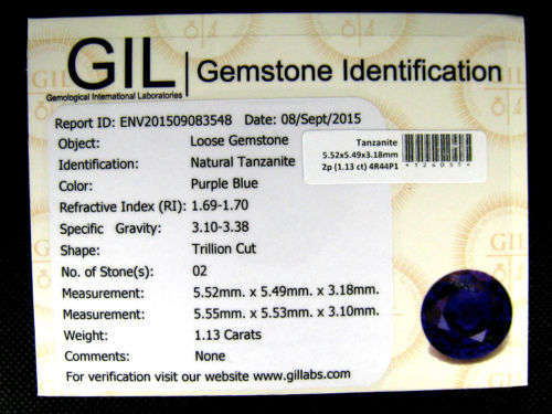 1.13cts FREE PAIR ''GIL'' CERT SIGNIFICANT!! 100% AAA GENUINE Natural TANZANITE Purplish Blue - VVS