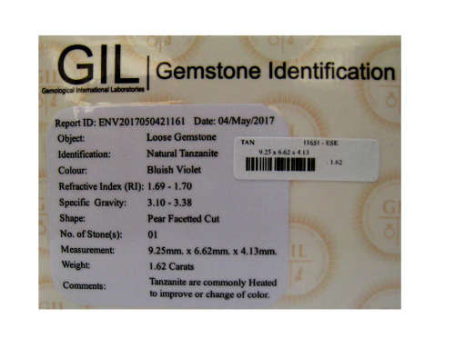 1.62 ct FREE "GIL" CERTIFIED MARVELOUS TOP QUALITY 100% NATURAL TANZANITE