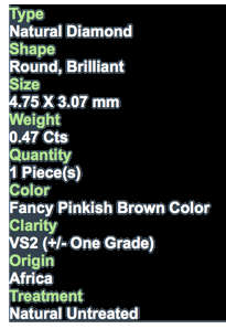 ***CERTIFIED***0.47CT NATURAL SPARKLING RARE FANCY PINKISH BROWN COLOR ROUND CUT DIAMOND VS2+-