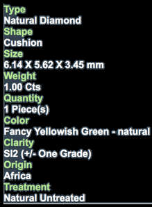 ***CERTIFIED***1.00CT NATURAL SPARKLING RARE FANCY YELLOWISH GREEN COLOR CUSHION CUT DIAMOND SI2