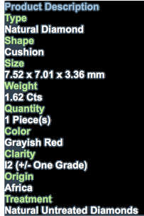 ***CERTIFIED***1.62CT NATURAL SPARKLING RARE FANCY GRAYISH RED CUSHION CUT DIAMOND +-I2