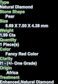 ***CERTIFIED***1.99CT NATURAL SPARKLING RARE FANCY DARK RED COLOR PEAR CUT DIAMOND I1+-
