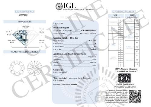 IGL LAB CERTIFIED***0.44CT NATURAL SPARKLING RARE WHITE F COLOR ROUND CUT DIAMOND SI3+-