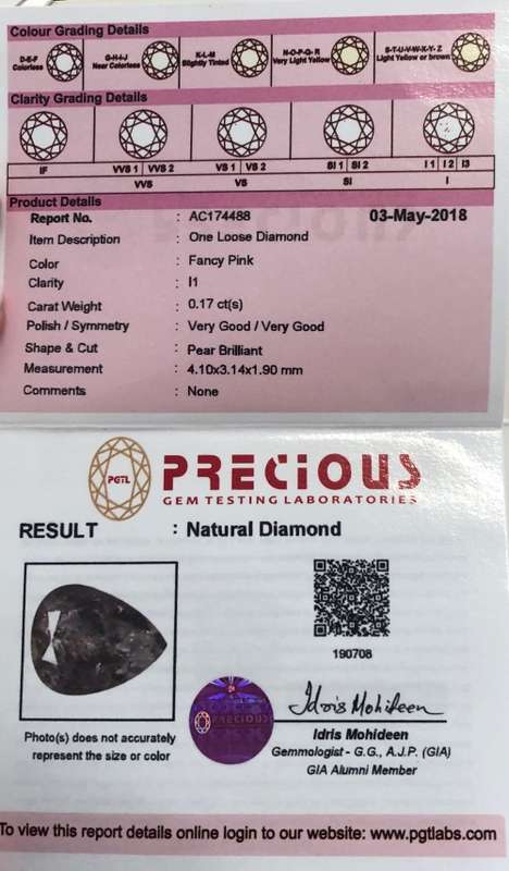 CERTIFIED***0.17CT NATURAL SPARKLING RARE FANCY PINKISH COLOR PEAR CUT DIAMOND I1+-