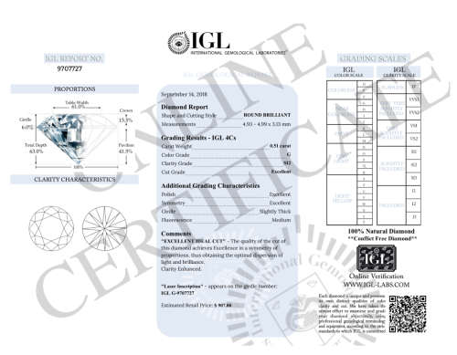 **IGL CERTIFIED R12716**0.51CT ENHANCED NATURAL WHITE 'G' ROUND CUT DIAMOND Si2+-