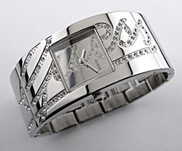GUESS SILVER BLACK FACE signature crystal watch in GUESS POUCH BAG