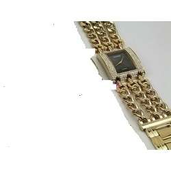 GUESS GOLD BLACK FACE WITH crystals around watch face&double chain comes in GUESS POUCH BAG