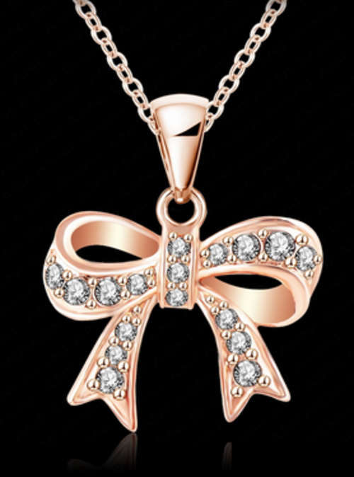 EXTRAORDINARY!! BOW TIE 18K ROSE GOLD PLATED SIMULATED DIAMOND NECKLACE PENDANT ERV R1599