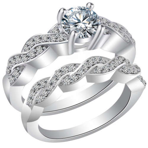 BREATHTAKING!! 2 PIECE WHITE GOLD PLATED WITH SIMULATED DIAMOND RING SIZE 7/17.3MM/O