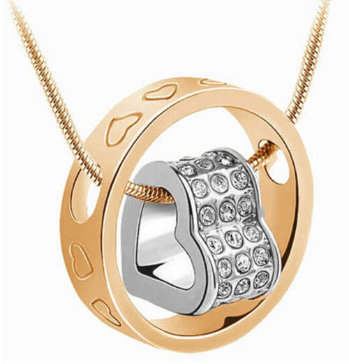 EXQUISITE!! 18KGP WHITE GOLD Heart+ 18KGP YELLOW GOLD Ring Necklace Made With Swarovski Elements