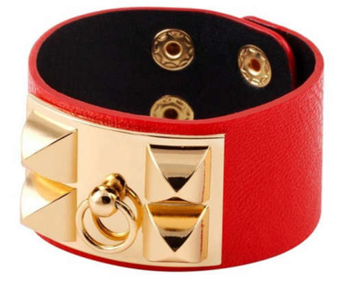 AWESOME!! RED FAUX LEATHER WITH YELLOW GOLD PLATING PUNK BRACELET ERV R999