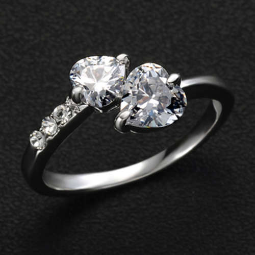 SAY IT WITH A RING!! SILVER PLATED 2 HEART DESIGN WITH SIMULATED DIAMOND RING SIZE 7/17.3 MM/ O