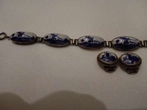 art cameo silver bracelet and earrings signed by artist