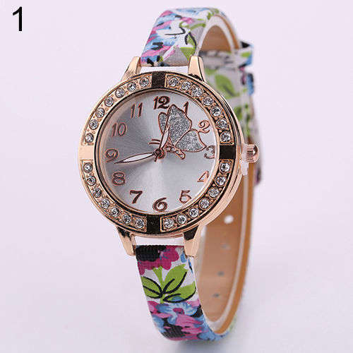 Women Butterfly Rhinestone Flowers Leather Bracelet Quartz