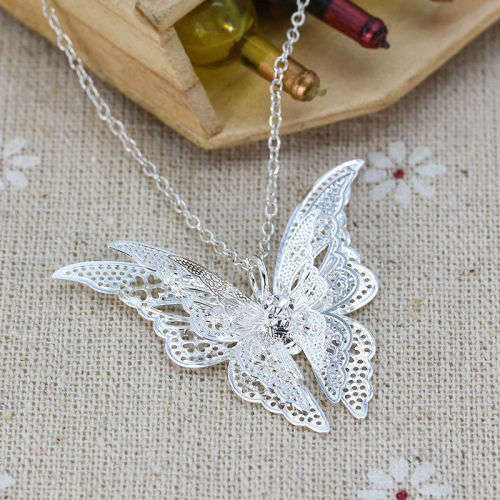 Silver Plated Openwork Butterfly Necklace Pendant For Gift