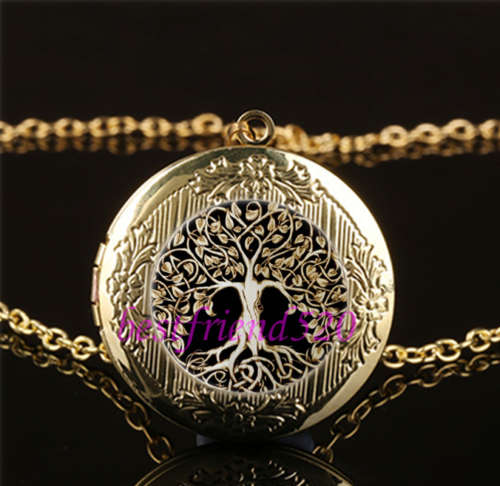 Vintage Tree of life Photo Cabochon Glass Brass Locket Pendant Necklace