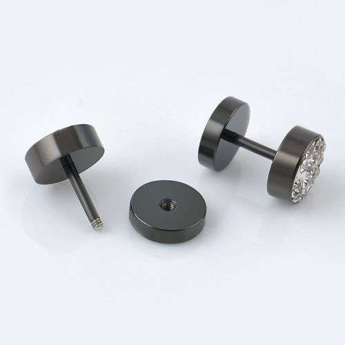 2Pcs Men's Black Barbell Punk Stainless Steel Crystal