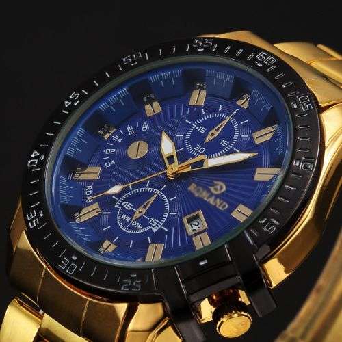 Mens Black Dial Gold Stainless Steel Date Quartz
