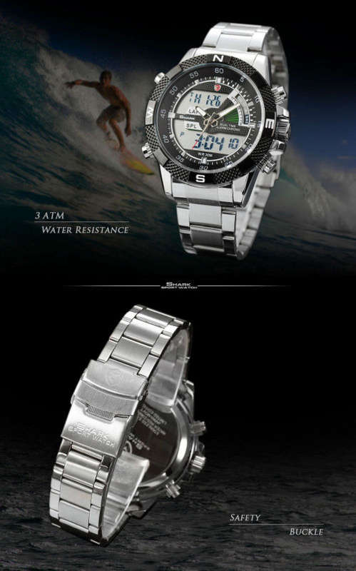 GENUINE SHARK Stylish Mens Black Dial LCD Digital Date Day Alarm Steel Wrist Sport Watch