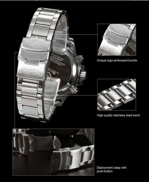GENUINE SHARK Stylish Mens Black Dial LCD Digital Date Day Alarm Steel Wrist Sport Watch